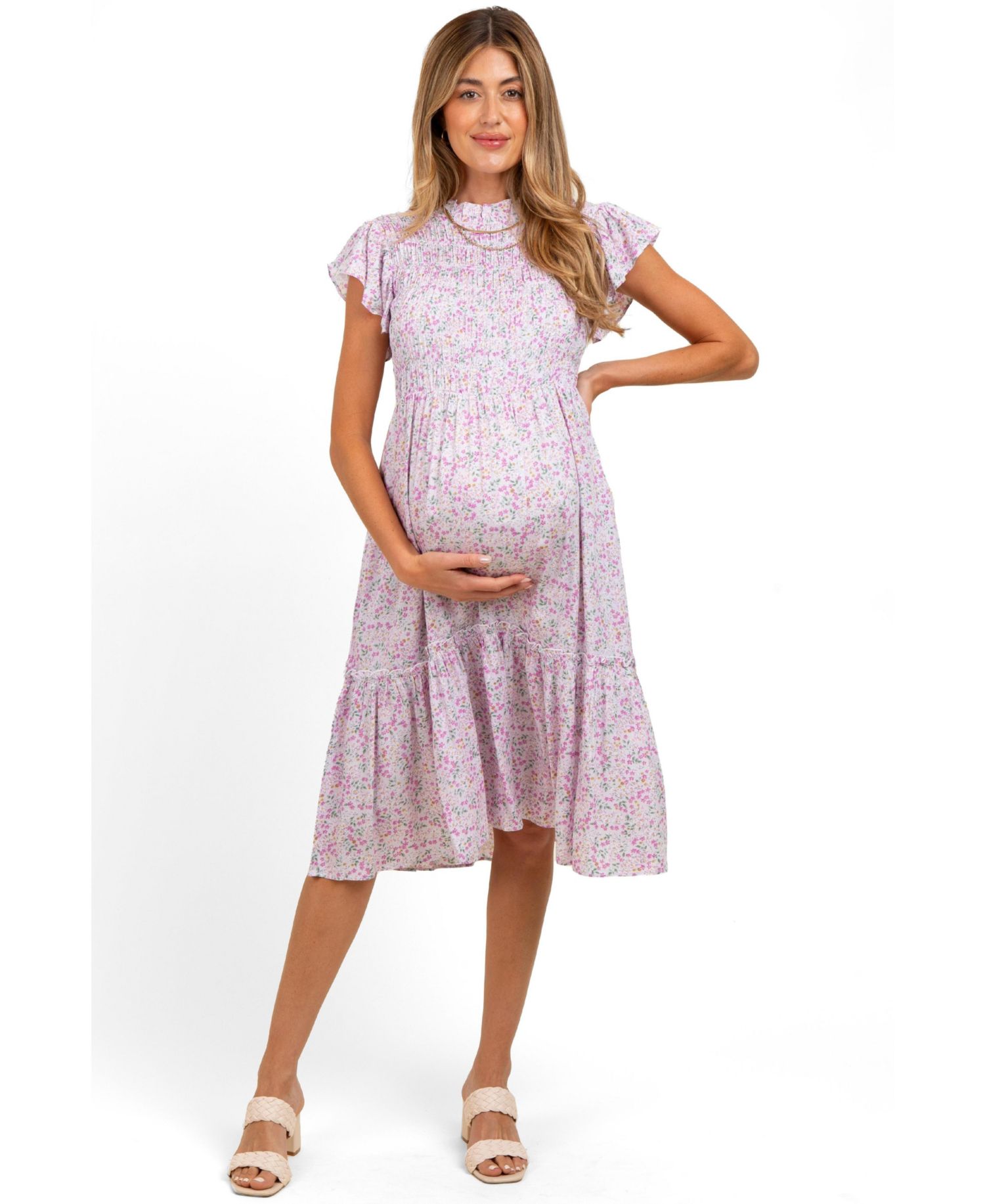 Women's Pink Floral Mock Neck Smocked Ruffe Sleeve Midi Dress