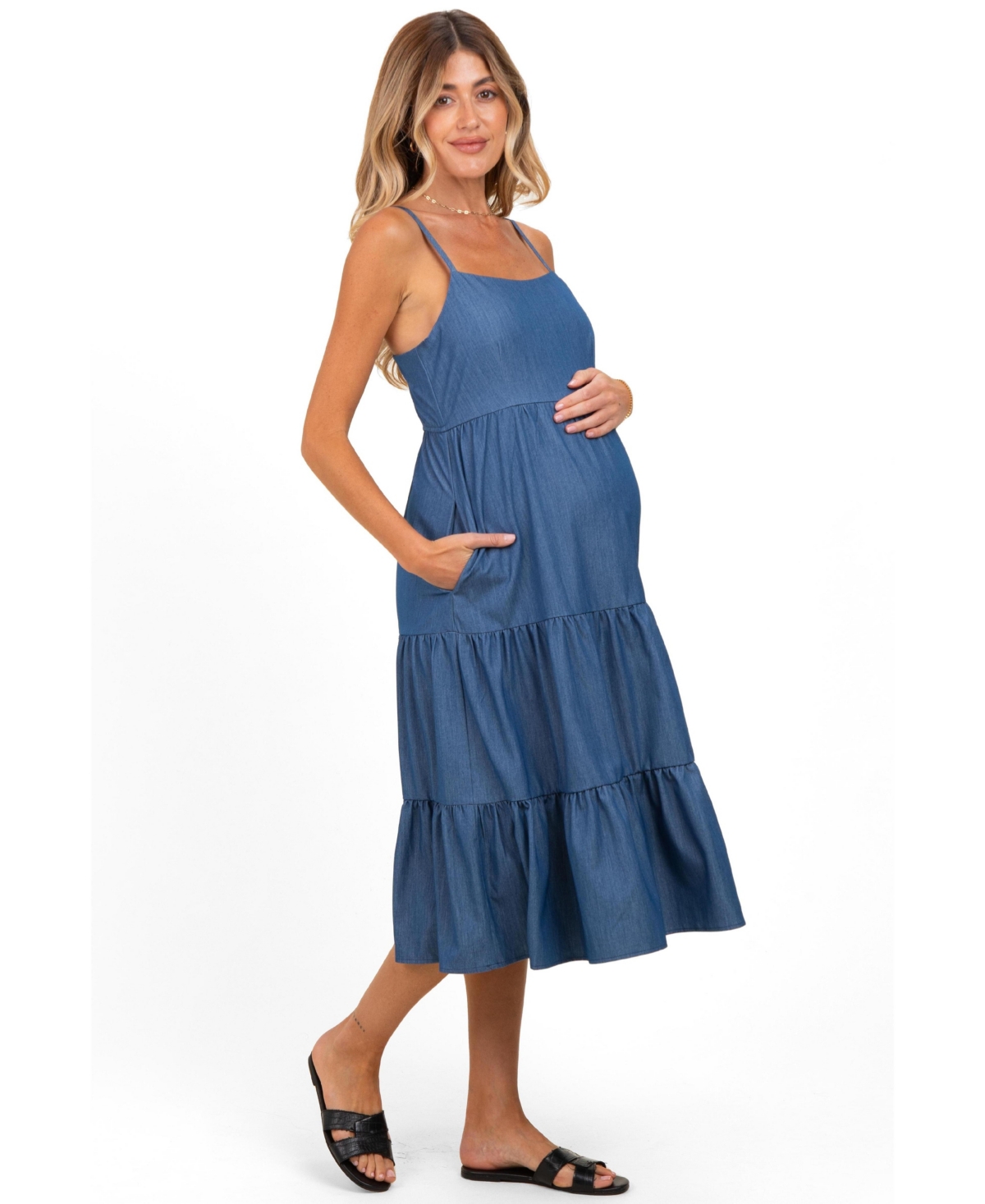 Pinkblush Maternity Dark Blue Tiered Sleeveless Midi Dress
