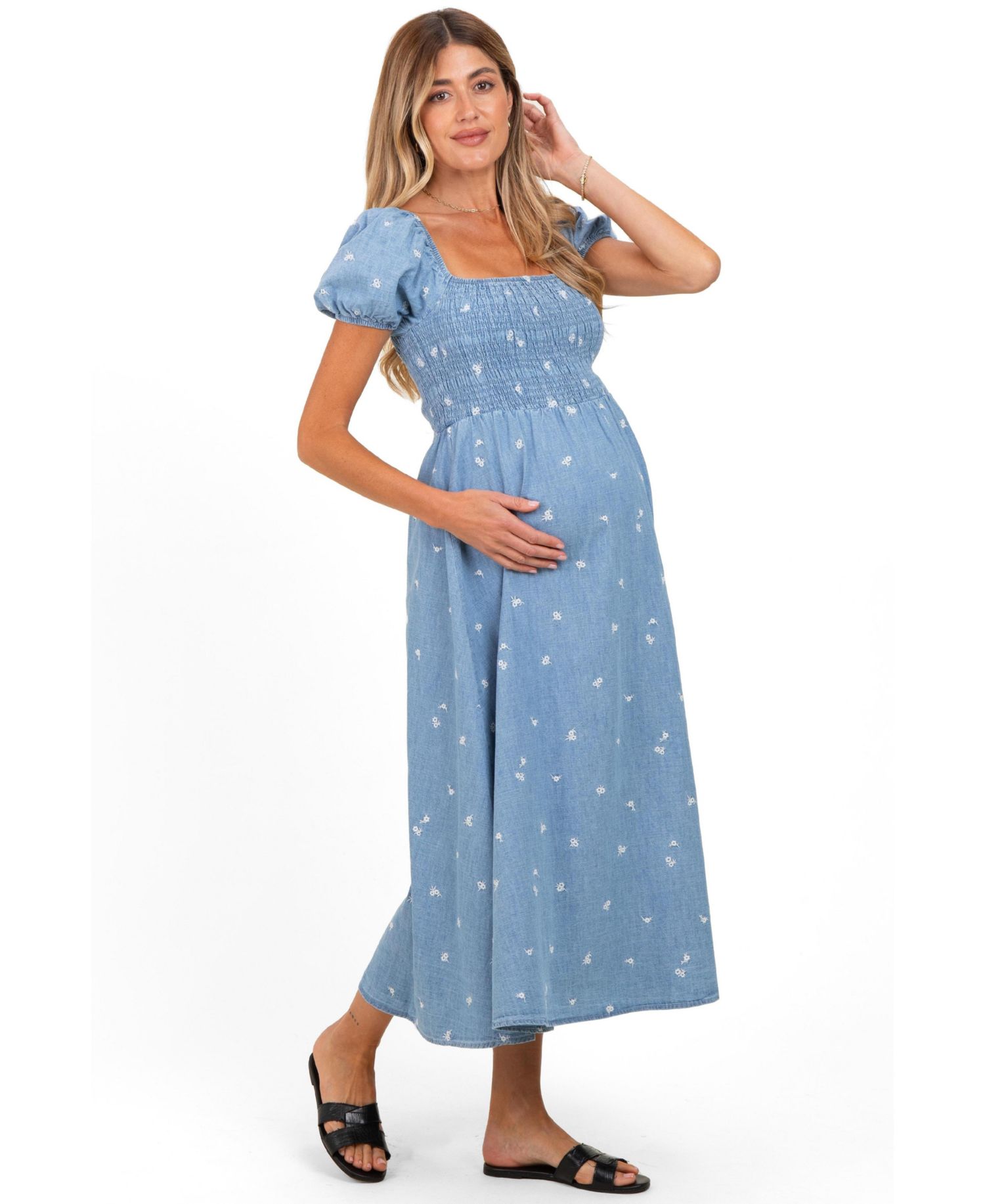 Women's Chambray Embroidered Smocked Midi Dress