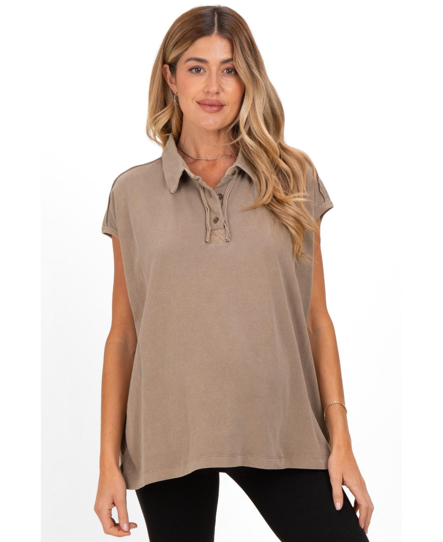 Women's Mocha Pigment Dye Sleeveless Polo Oversized Top
