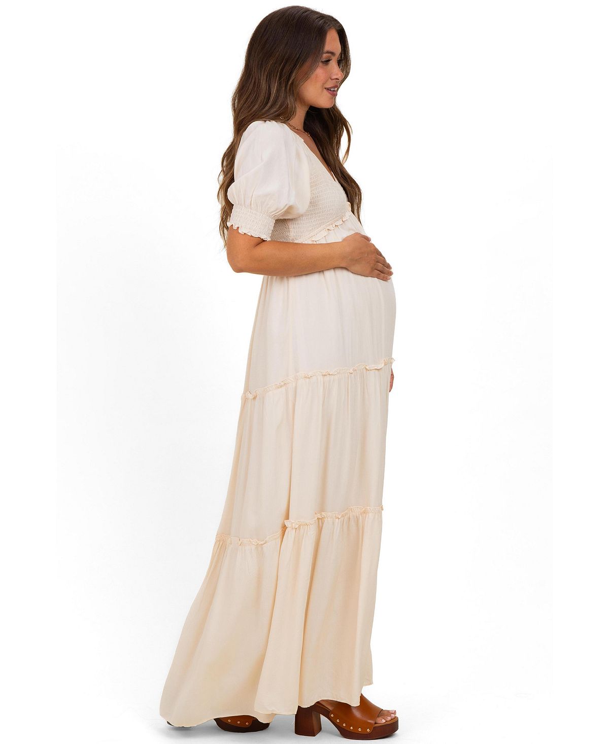 Pinkblush Women's Cream V-Neck Smocked Tiered Maxi Dresses view 3 — MAYCSS fashion products
