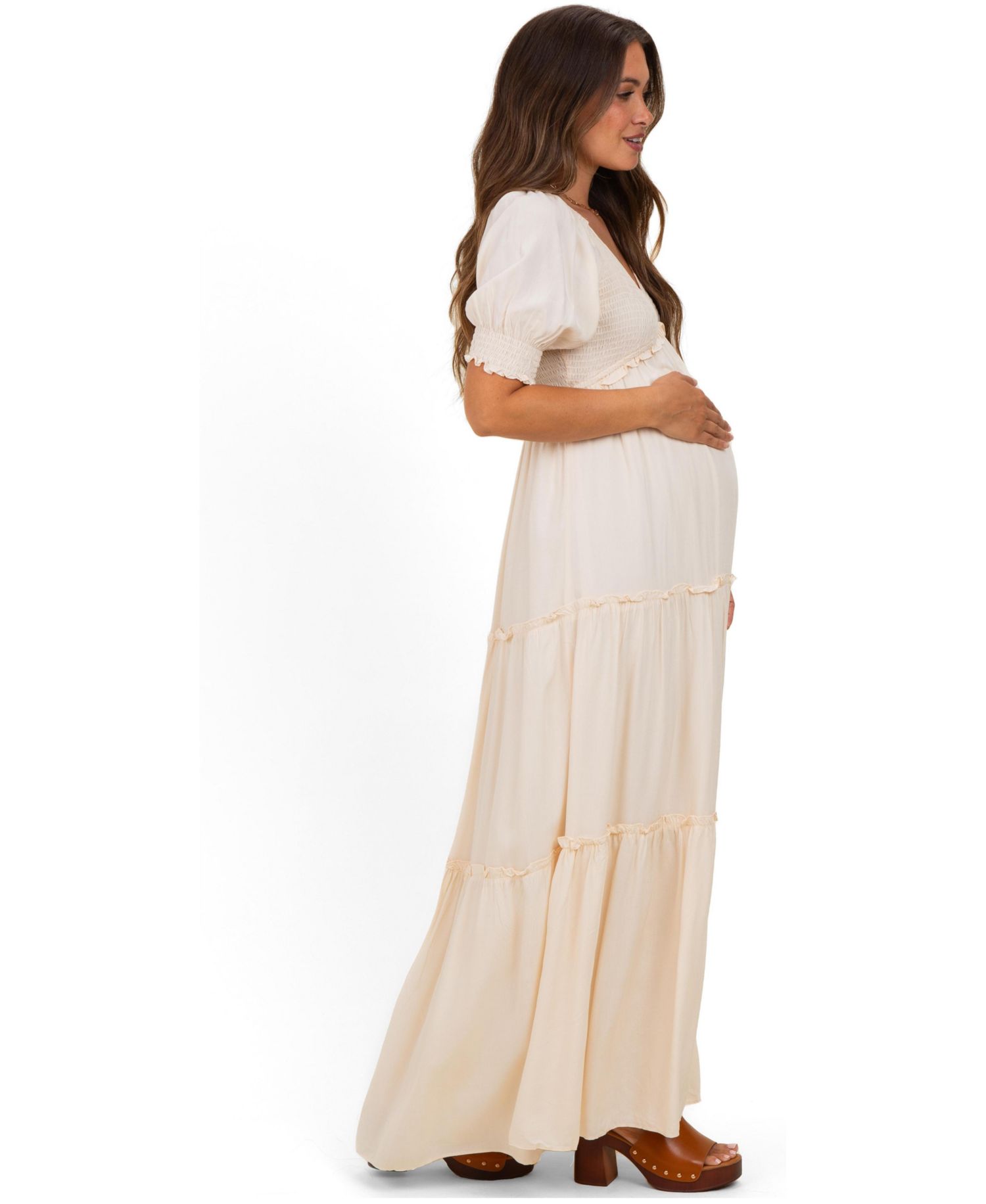 Women's Cream V-Neck Smocked Tiered Maxi Dresses