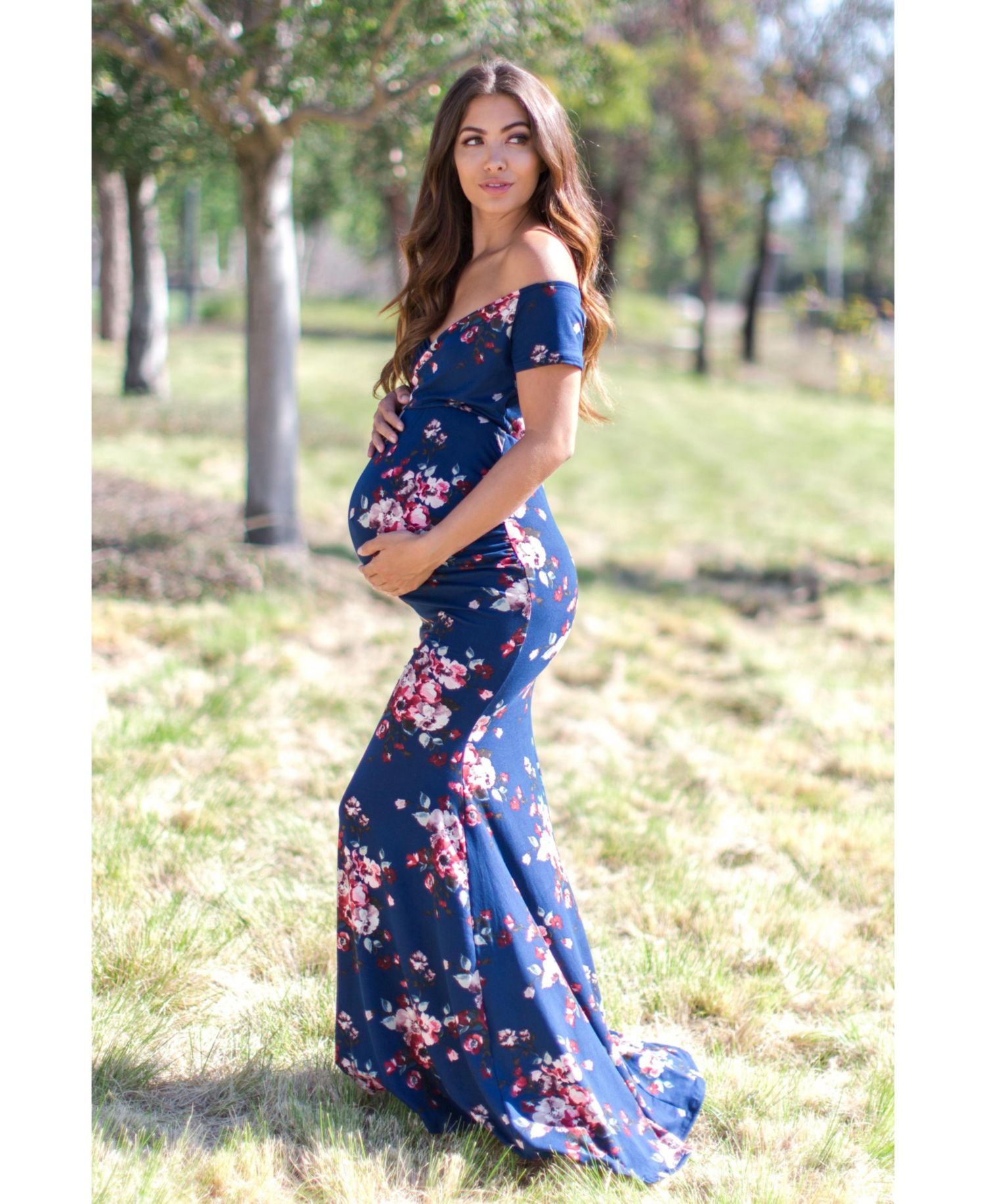 Women's Navy Floral Off Shoulder Wrap Photoshoot Gown/Dress