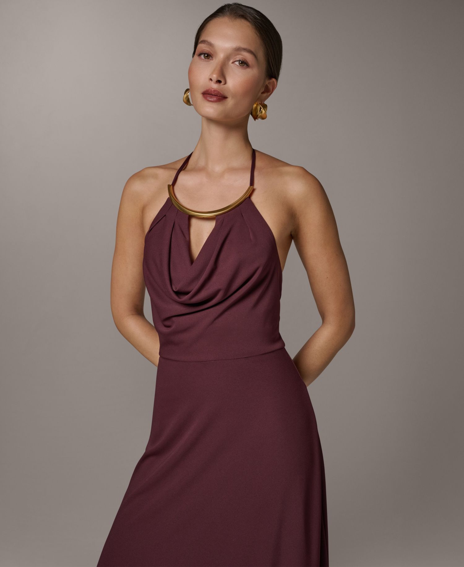 Women's Halter Hardware Neck Detail Midi Dress