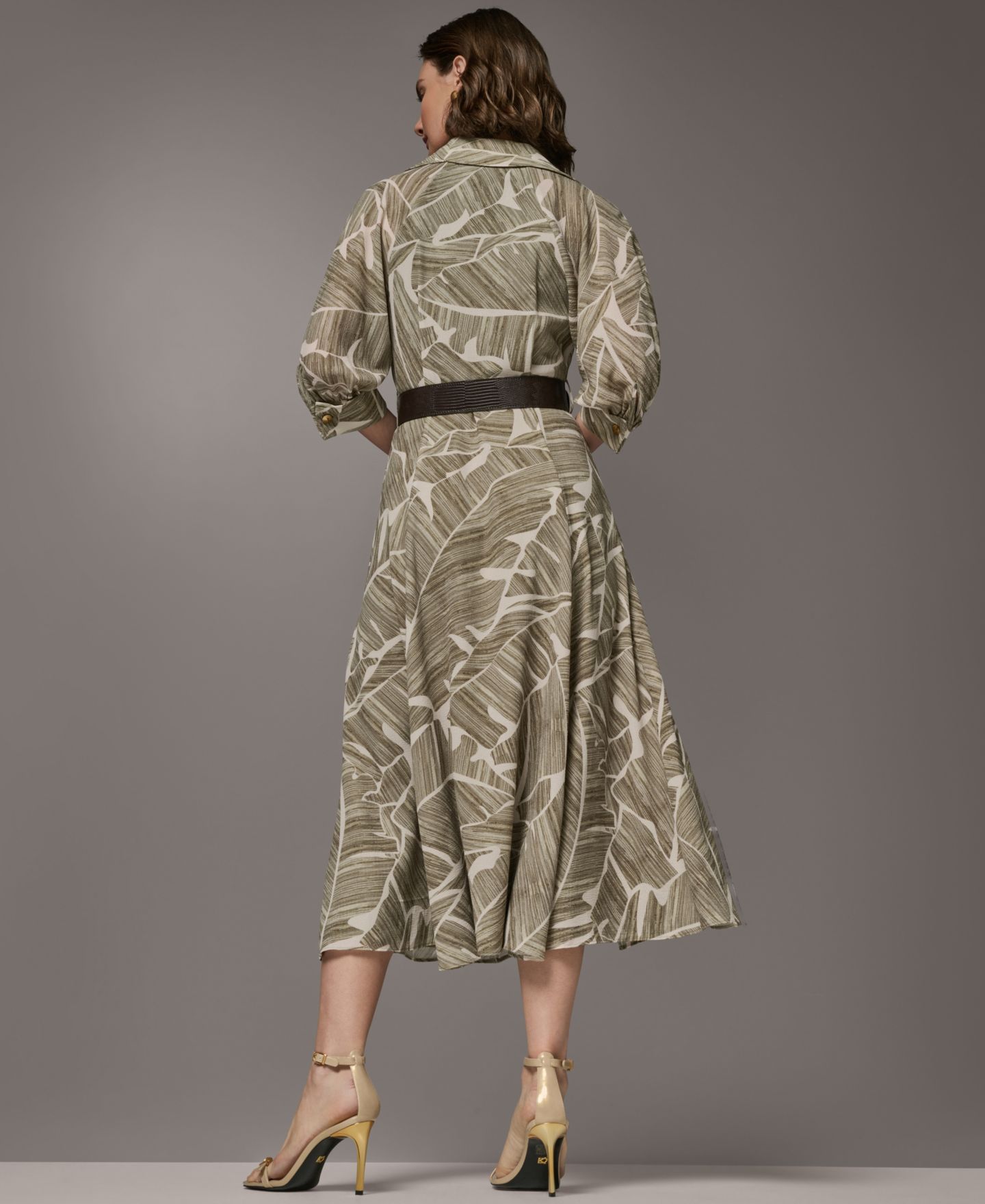 Женское платье Donna Karan New York Printed Collared Shirt Dress with Faux Leather Belt, цвет: Оливковый разноцветный — фото 5