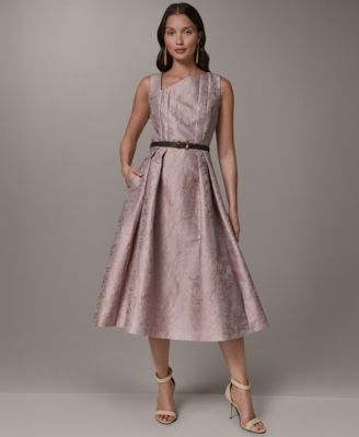 Women's Jacquard Asymmetrical Neck Fit & Flare Dress with Belt