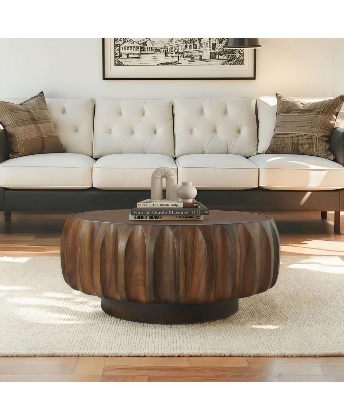 Streamdale Furniture Round Solid Wood Carved Coffee Table with Elegant Sculptural Design