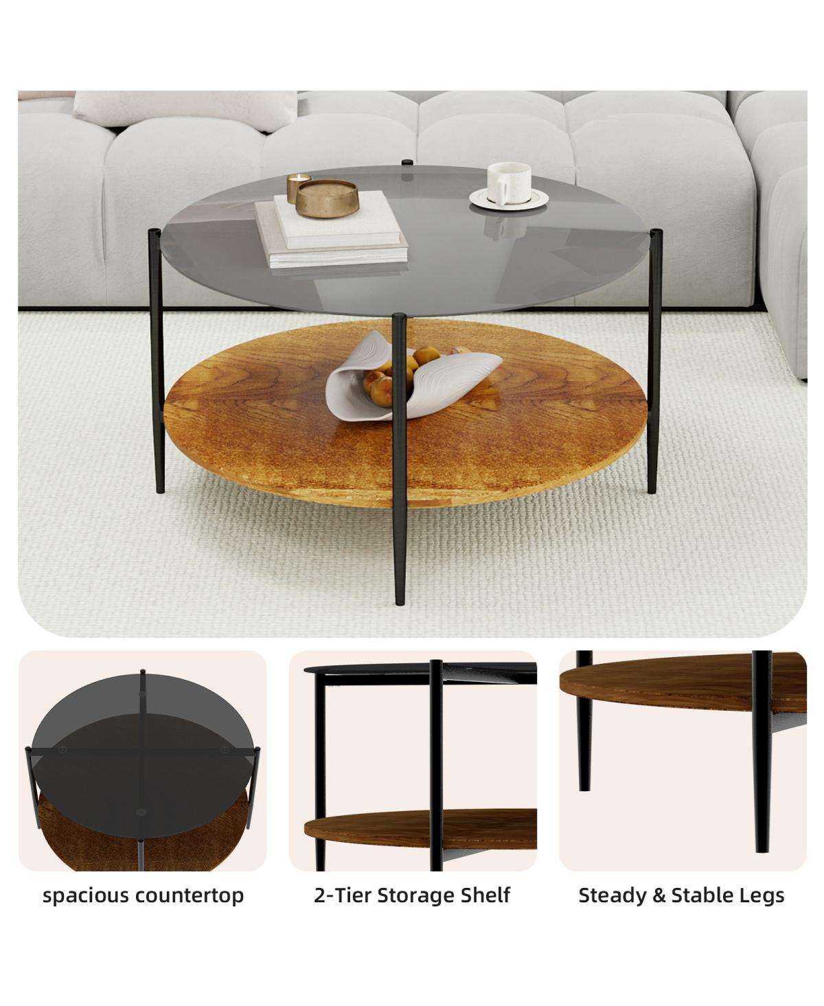 Streamdale Furniture Mid-Century Modern Round Glass Coffee Table with Storage Shelf, 32.28