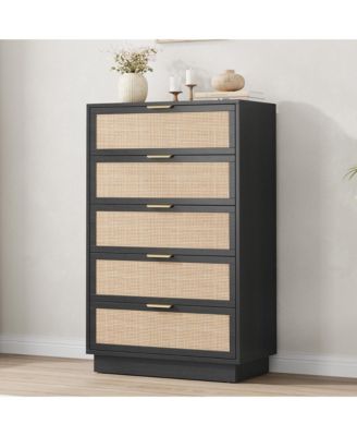 5-Drawer Tall Rattan Dresser with Integrated Legs, 47" Boho Chest for Bedroom Hallway Entryway Closet