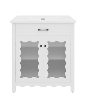 30 Inch Small Bathroom Friendly  Vanity Modern Tempered Glass Cabinet with Rubber Wood Legs and Soft Close Storage Doors