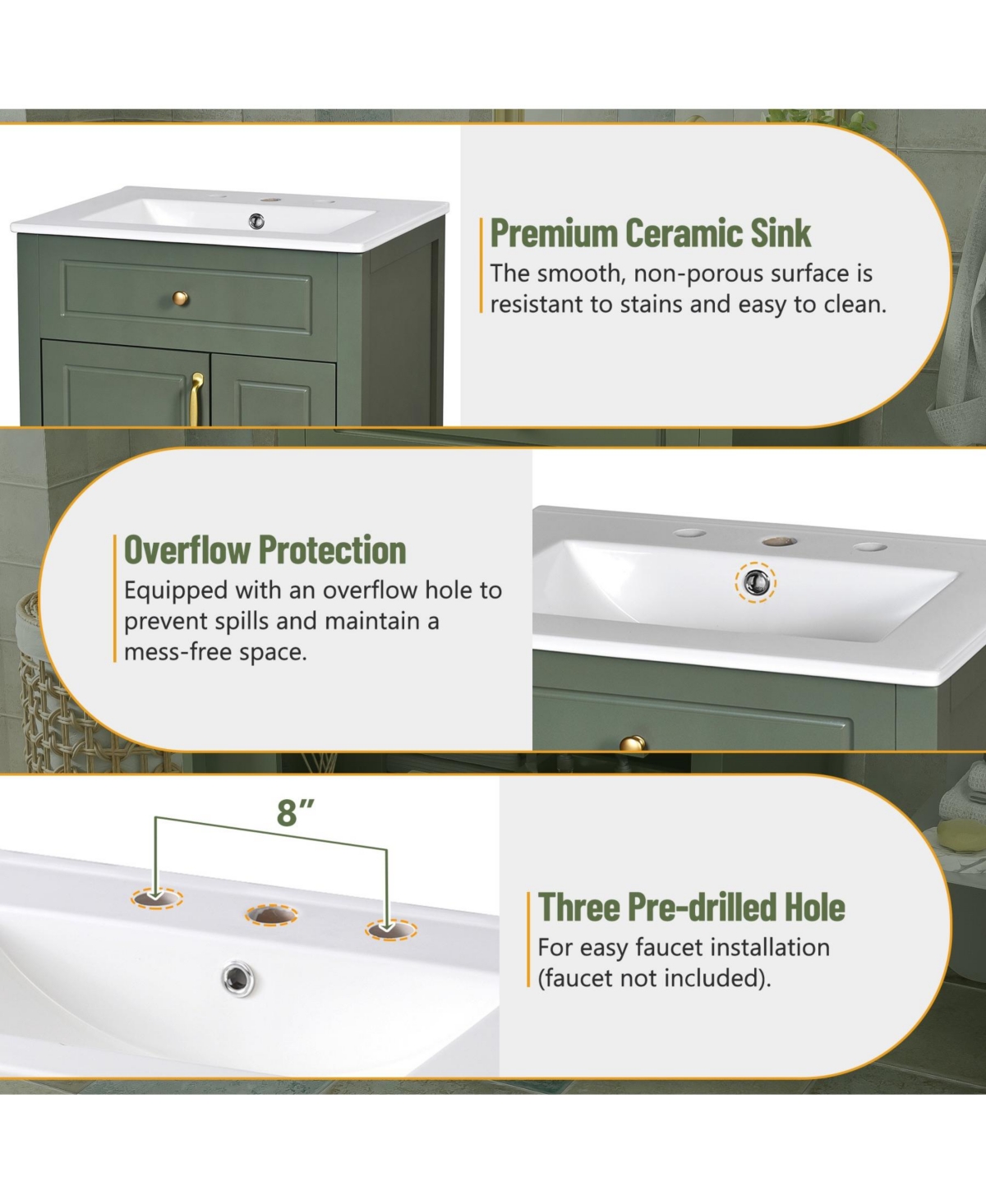 Phying 24 Inch Bathroom Vanity with Ceramic Sink Modern Freestanding Bathroom Cabinet with 2 Soft Close Drawers and Double Door Storage Racks