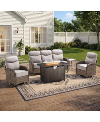 Patio Furniture Set with 6-inch Thick Cushion, Outdoor Furniture with Pit Table, Swivel Chairs, Side Table, Sofa, 5pcs Wicker Conversation Set