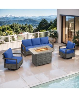4 Pieces Patio Furniture Set with Propane Fire Pit Table, Deep Seating Wicker Sofa Couch with Swivel Glider Chairs Set Patio Conversation Set