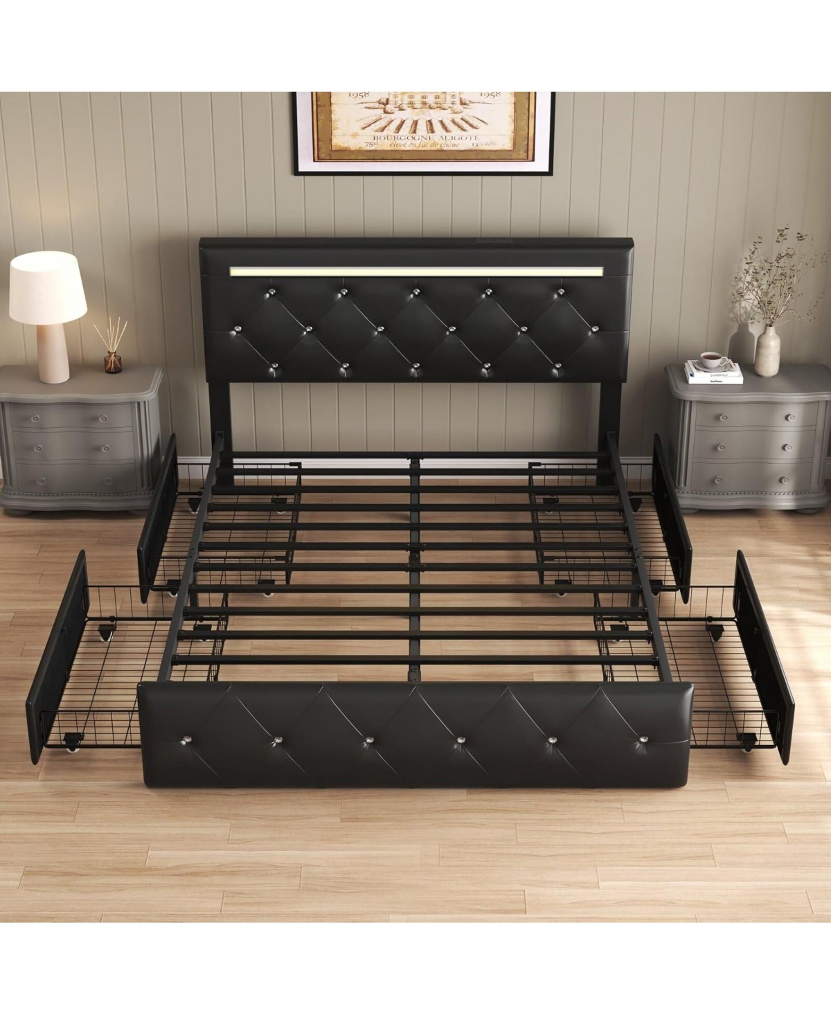 Lucky One Full Size Bed Frame with Led Light and 4 Storage Drawers