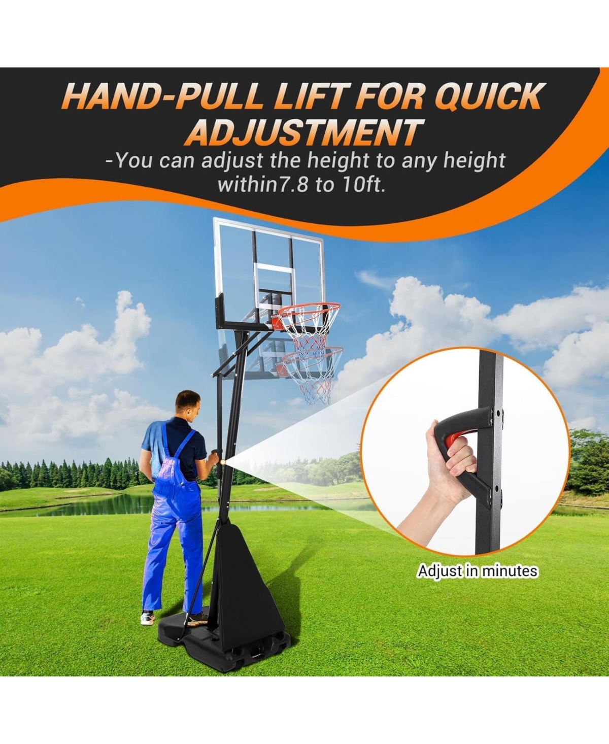 Xo Portable Basketball Hoop, 5.2-10 Ft Adjustable Goal, 47" Shatterproof Backboard with Wheels, Outdoor Basketball System for Kids and Adults Backyard