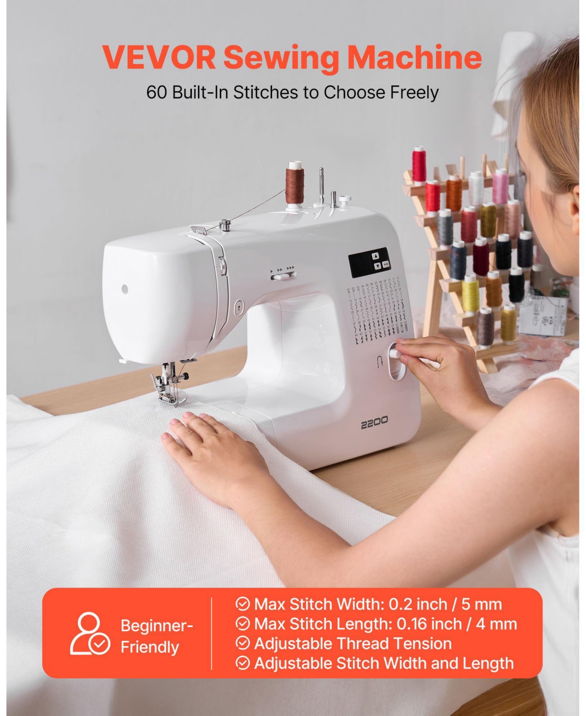 Sugift Computerized Sewing Machine with 60 Built-In Stitches, Led Display and Heavy-Duty Metal Frame