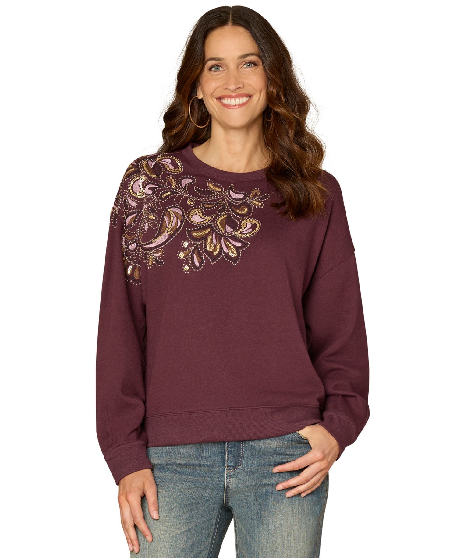 Plus Size Long-Sleeve Crewneck Beaded Sweatshirt