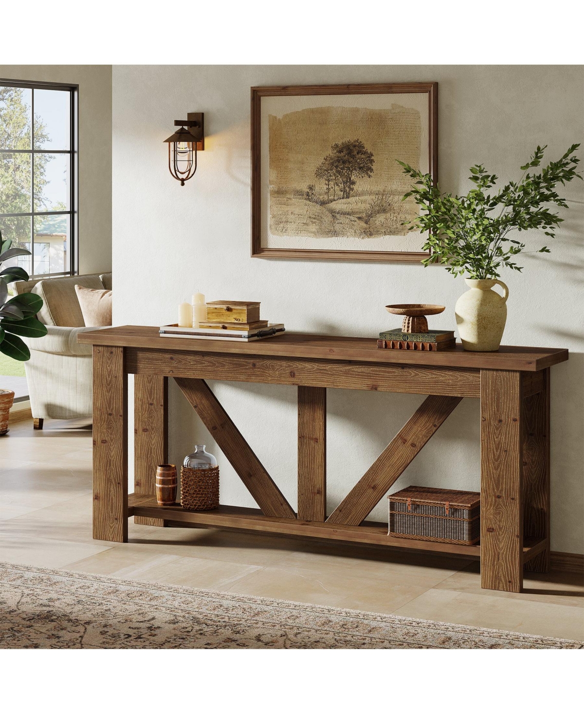 Slickblue 2-Tier Solid Wood Sofa Console Table with Storage for Behind Couch
