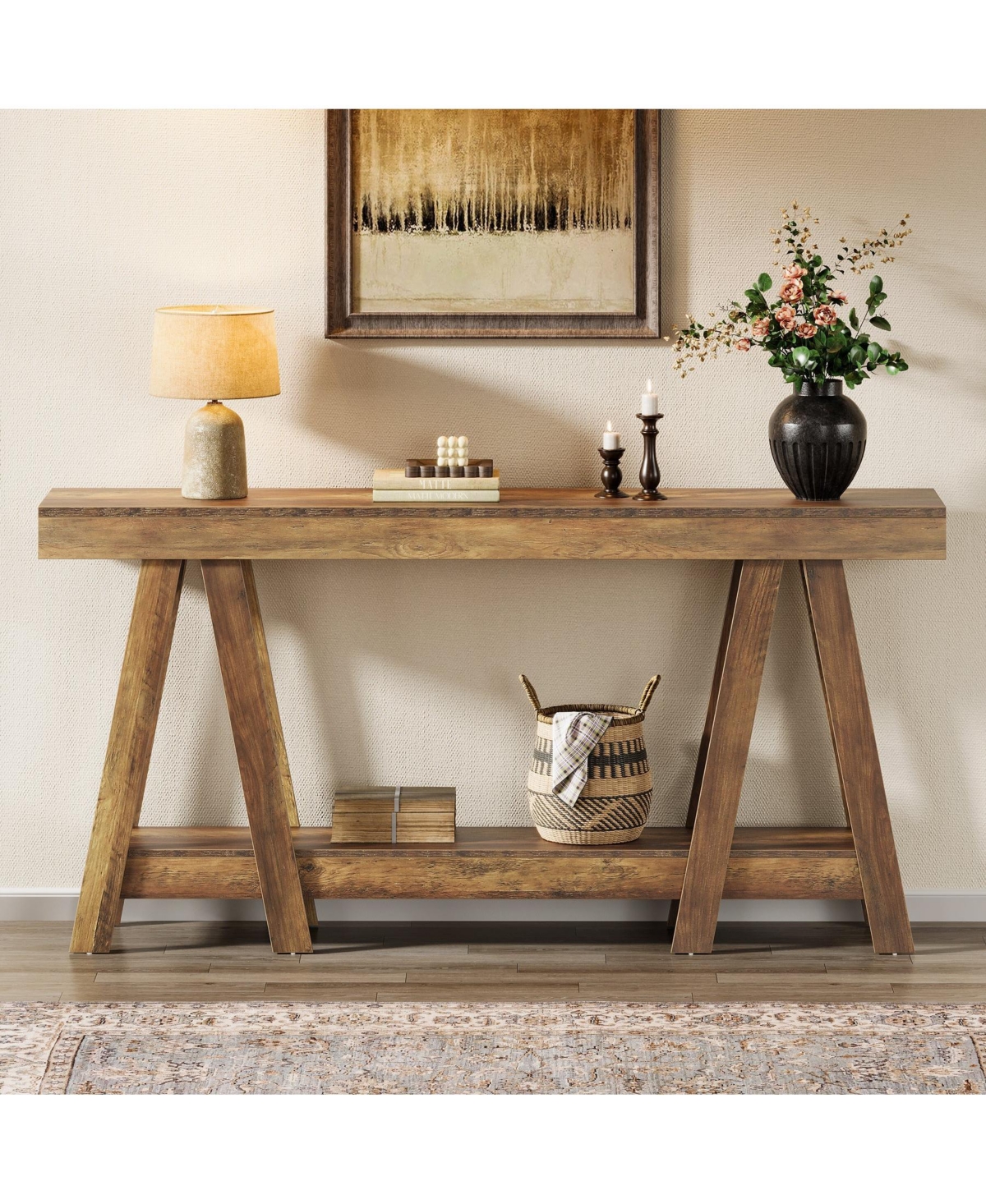 Slickblue Farmhouse Entryway Console Table, 2-Tier Behind Sofa Table with Storage Shelves