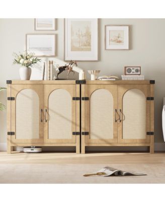 Set of 2 Rattan Sideboard Buffet Cabinet with Storage - 31 Inch Farmhouse Wooden Coffee Bar Console with Adjustable Shelves and Doors