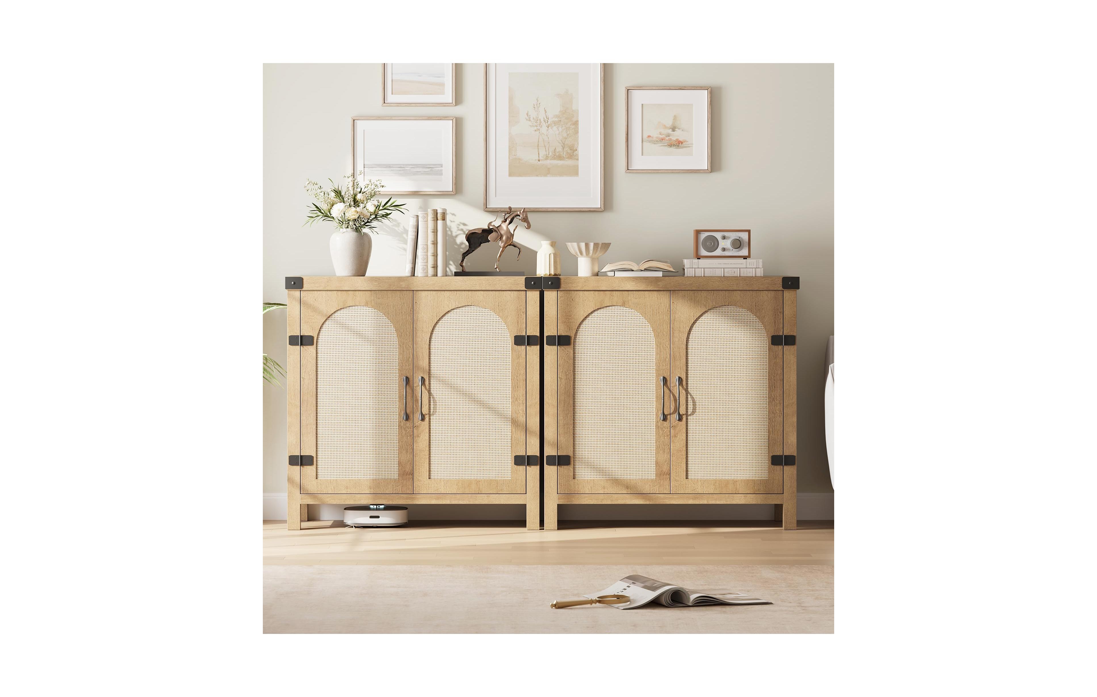 homfan Set of 2 Rattan Sideboard Buffet Cabinet with Storage - 31 Inch Farmhouse Wooden Coffee Bar Console with Adjustable Shelves and Doors