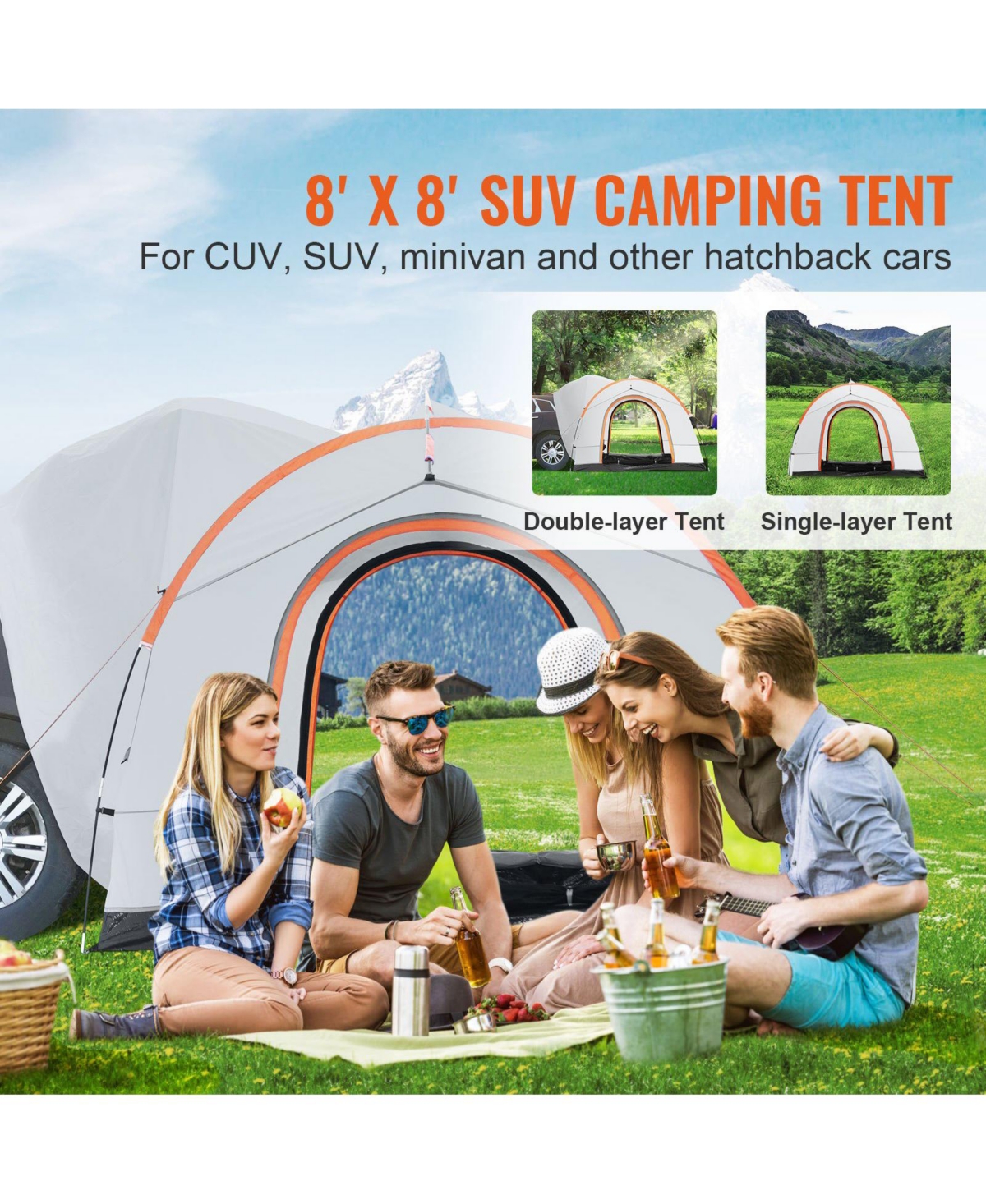 Cozito Suv Camping Tent, 8 x 8 feet Rear Hatch Tent with Rainfly, Carry Bag and PU2000 Fabric