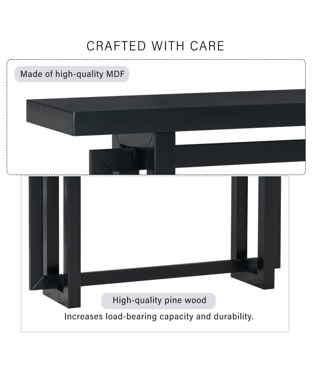 Rainsken 59" Contemporary Minimalist Console Table, with Thick Pine Wood Legs, Unique Triple Rectangle Design, for Hallway Entrance Foyer