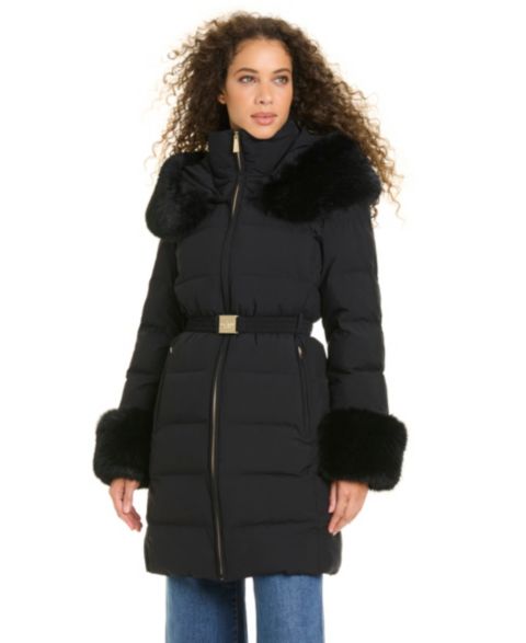 Женская куртка kate spade new york Faux-Fur Arm Cuff Hooded Puffer, цвет: Чёрный