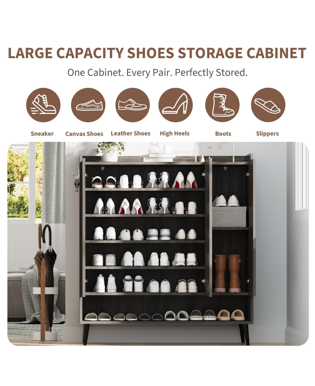 homfan Large Shoe Cabinet with Doors, 3 Door Storage Adjustable Shelves and Hooks, 6 Tier Organizer for Entryway