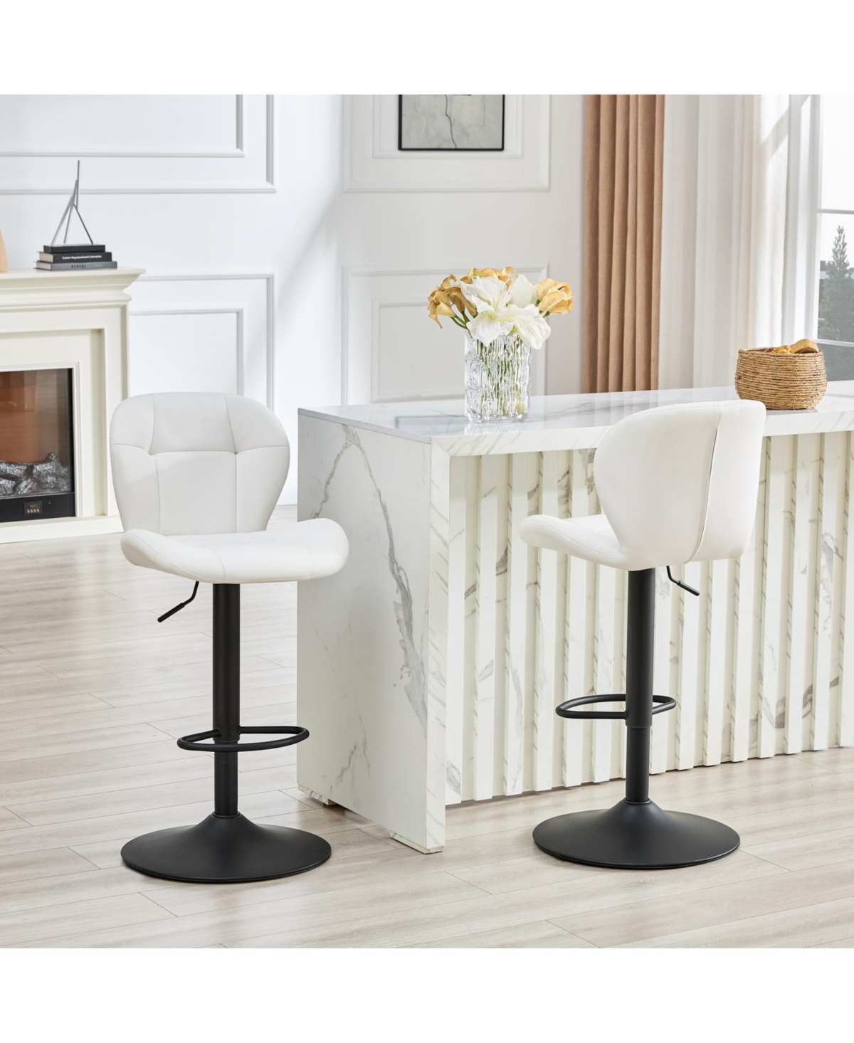 Rainsken Modern Bar Stools Set of 2, Faux Pu Leather Upholstered, Adjustable Swivel Barstools, for Kitchen Island, Bar