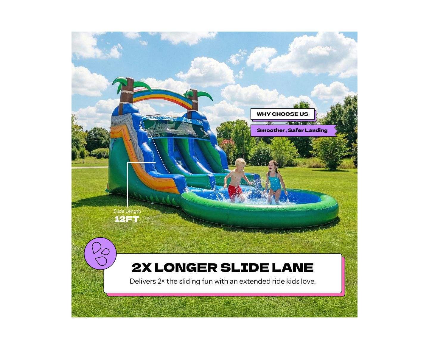 Детская игрушка POP JUMP Tropical Island 23' Dual Lane Water Slide with Integrated Pool, Ages 3+, цвет: Разноцветный — фото 4