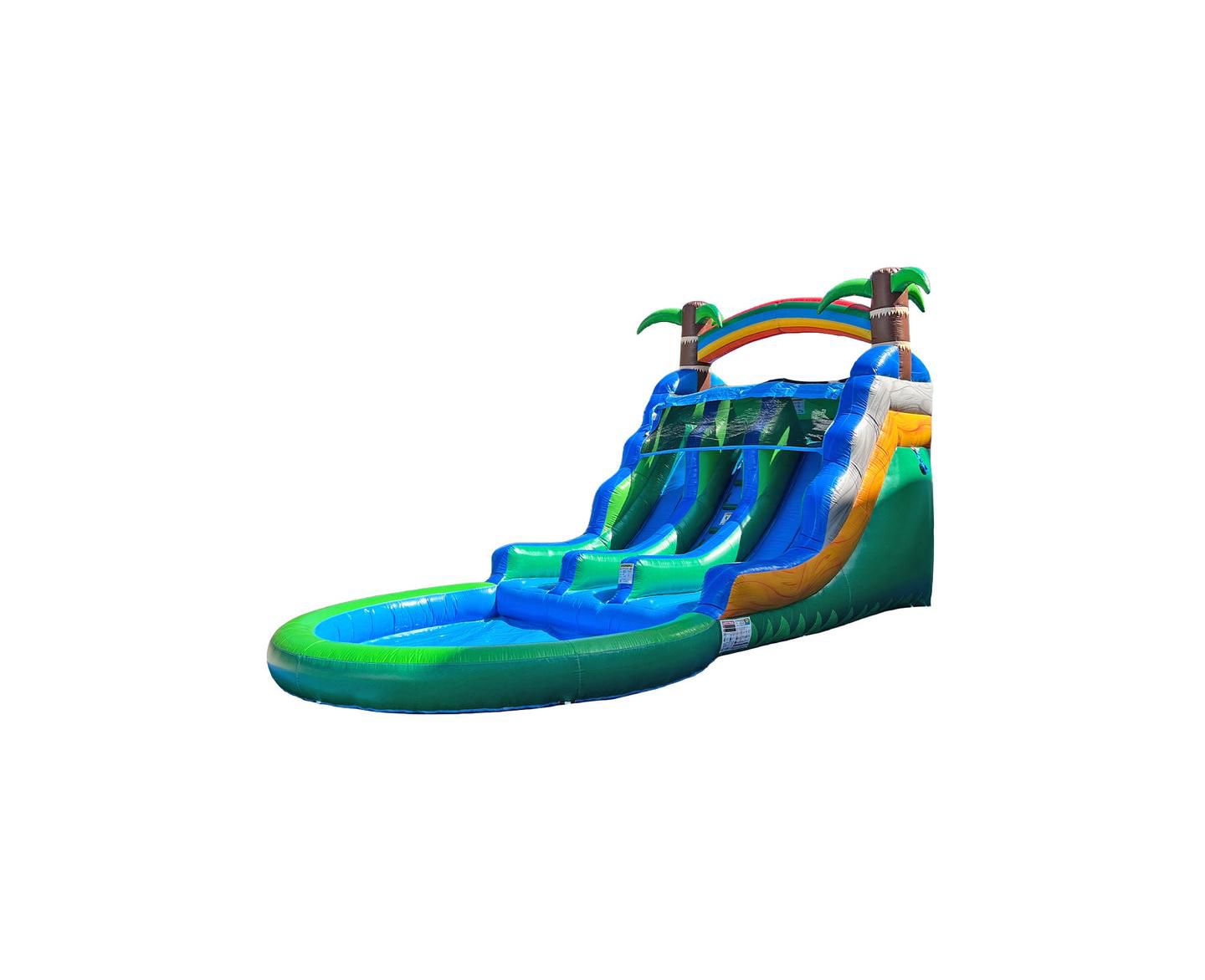 Детская игрушка POP JUMP Tropical Island 23' Dual Lane Water Slide with Integrated Pool, Ages 3+, цвет: Разноцветный — фото 1