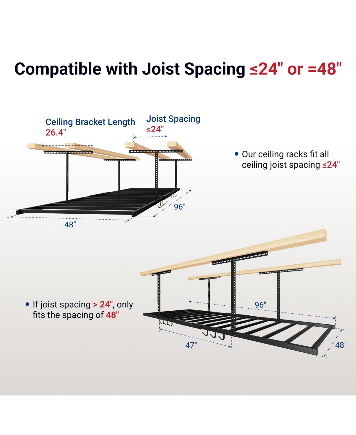 Fleximounts 4x8ft Overhead Garage Storage Rack with 6 Hooks, 22.6" -39.4" Ceiling Dropdown, Lite Series