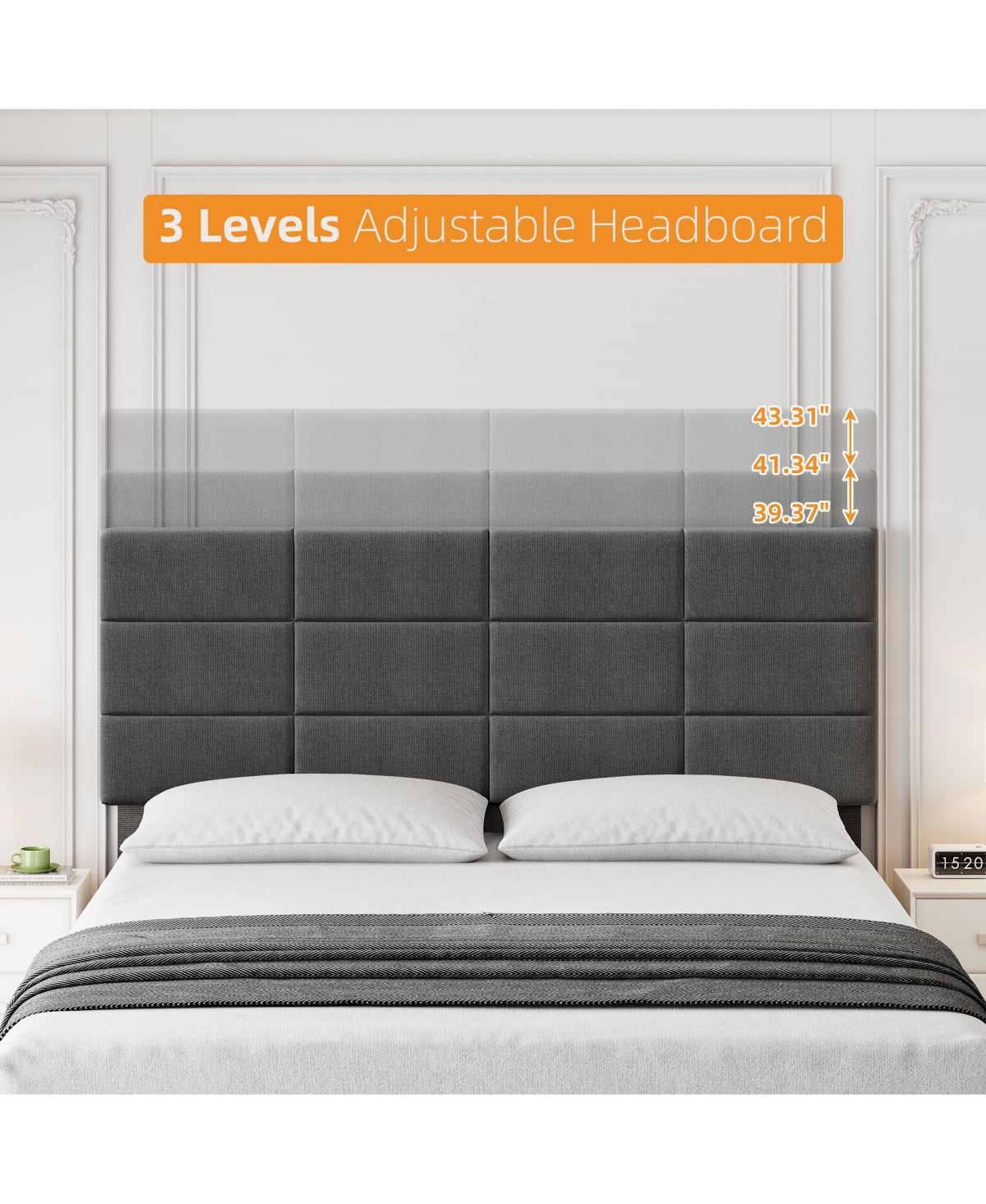 homfan Linen Upholstered Platform Bed Frame with Adjustable Headboard, Wood Slat Support, Quiet Design