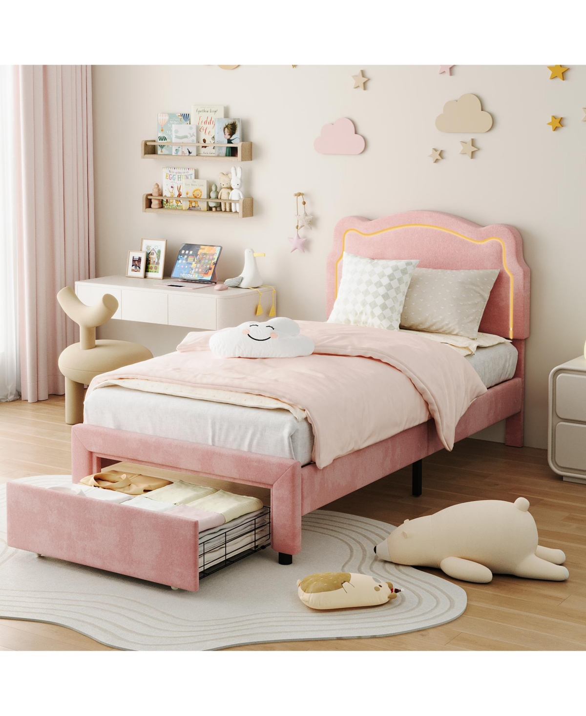 homfan Upholstered Twin Platform Bed with Bear-Shaped Headboard, Rgb Led Lights, Storage Drawer, Soft Fabric, Wooden Slats