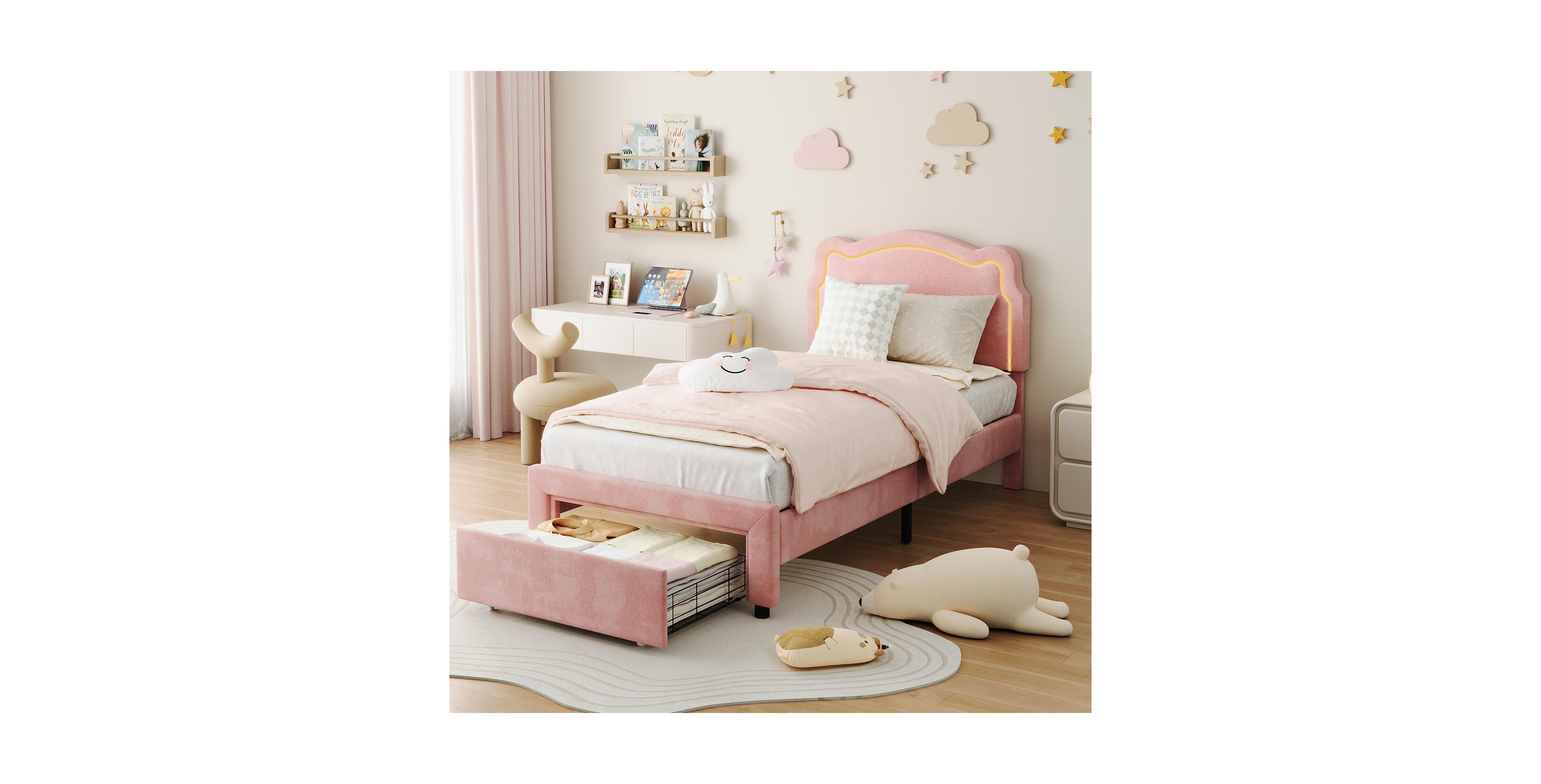 homfan Upholstered Twin Platform Bed with Bear-Shaped Headboard, Rgb Led Lights, Storage Drawer, Soft Fabric, Wooden Slats