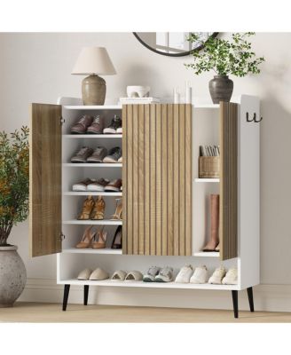 Large Shoe Cabinet with Doors, 3 Door Shoe Storage Cabinet with Adjustable Shelves and Hooks, 6 Tier Shoe Organizer Cabinet for Entryway