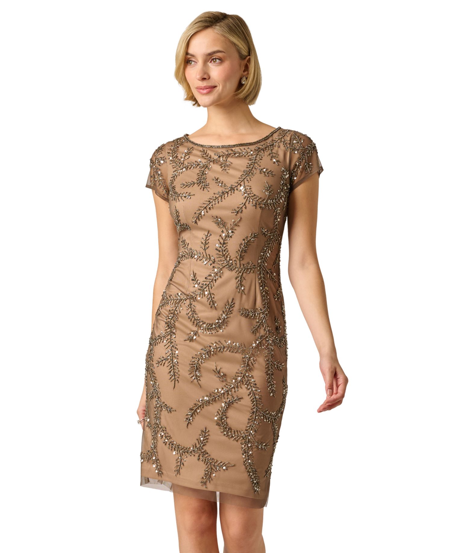 Women's Bead Mesh Boat Neck Sheath Dress
