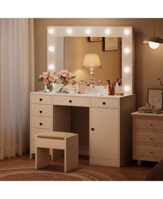 Vanity Desk With Mirror and Lights, 3-Color Lights Adjustable Brightness Make Up Dressing Table With 2 Drawers,Makeup Desk