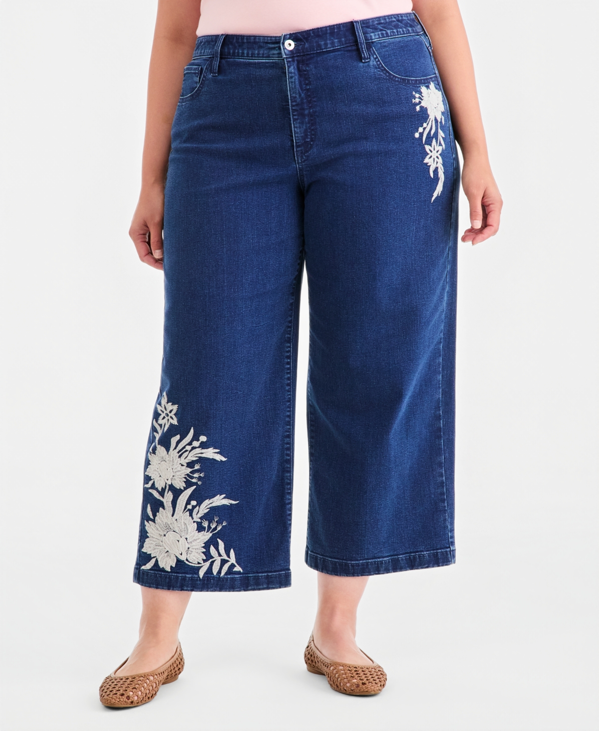 Style & Co Plus High-Rise Wide-Leg Embroidered Ankle Jeans, Macy's Exclusive