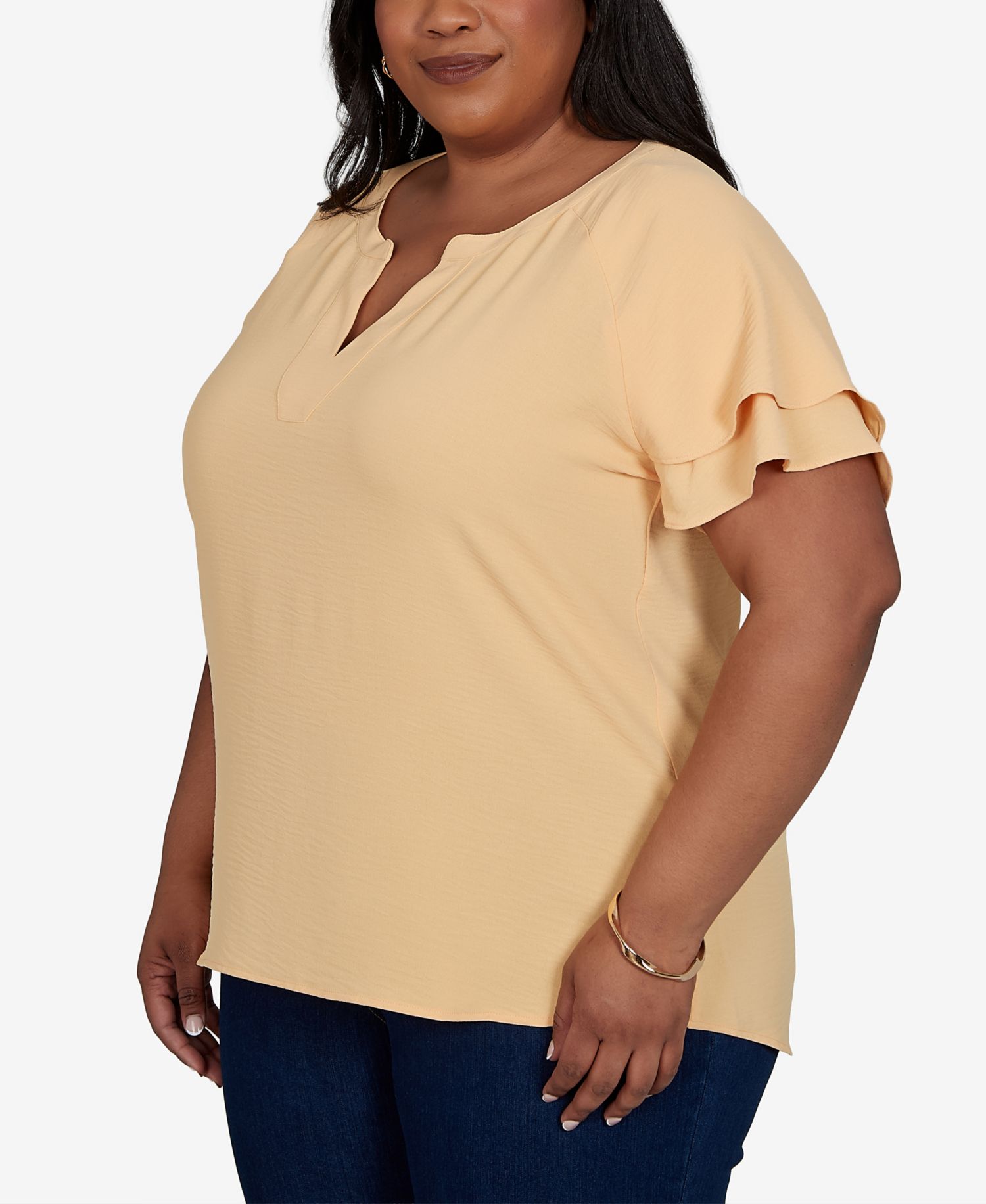 Plus Size Solid Crinkle Double Flutter-Sleeve Top