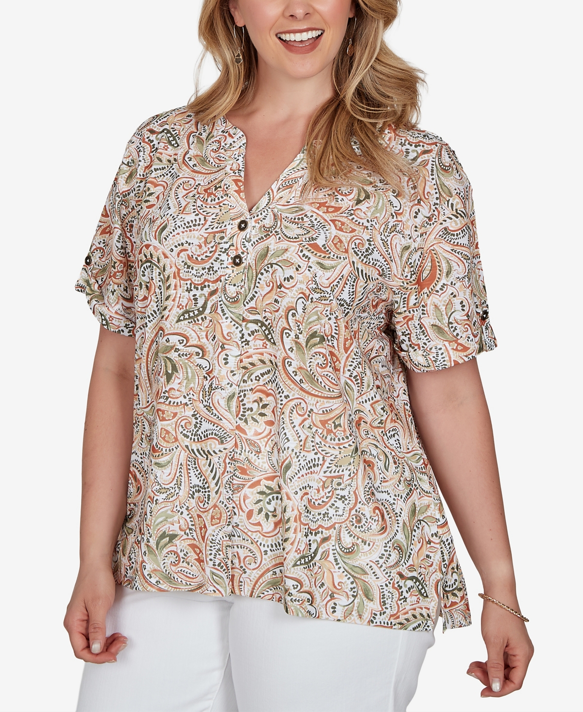 Hearts Of Palm Plus Printed Double-Button Slub Top