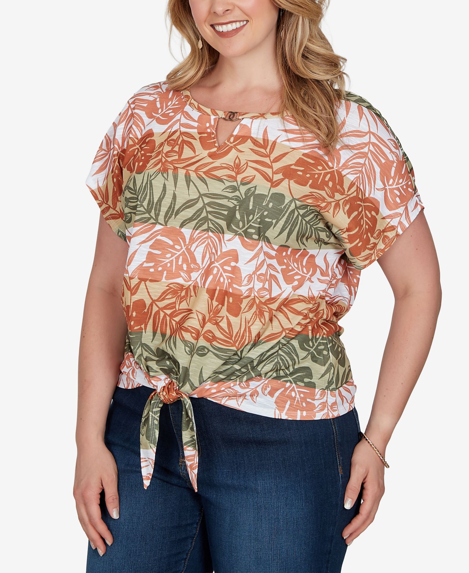 Plus Size Printed Knit Tie-Front Top