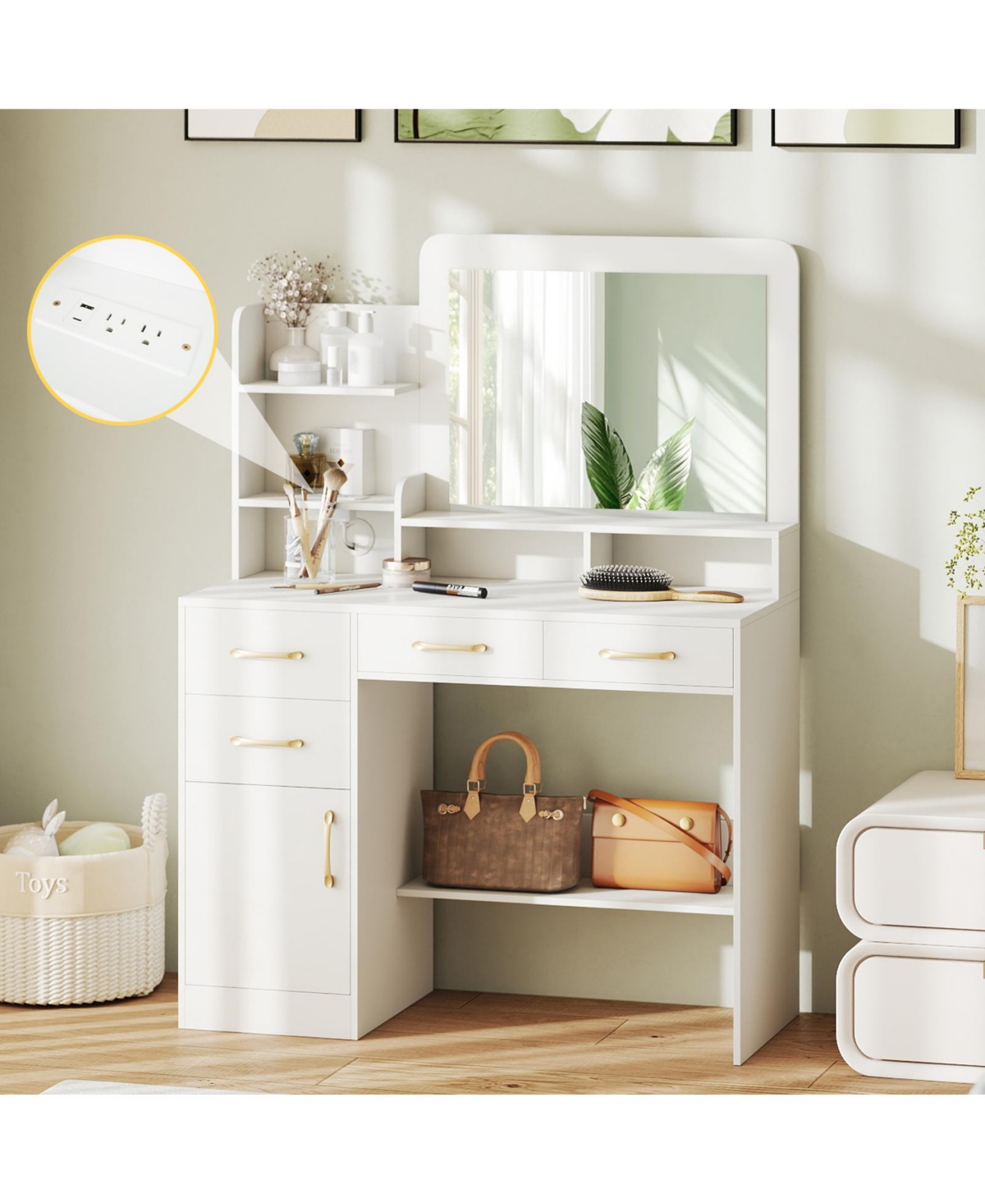 Slickblue Functional Vanity Desk with Mirror and Electrical Outlets for Bedroom