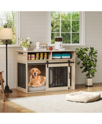44.5'' Dog Crate Furniture with Storage Drawers, Wooden Double Dog Cage TV Stand with 2 Sliding Barn Doors, for Medium/Large Breeds