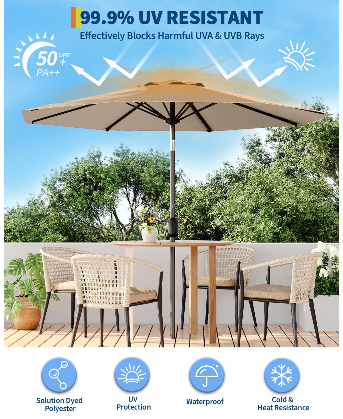 gaomon 9FEET Outdoor Patio Umbrella, Table Market Umbrella, Protection Waterproof for Garden, Deck, Tan (No Base)
