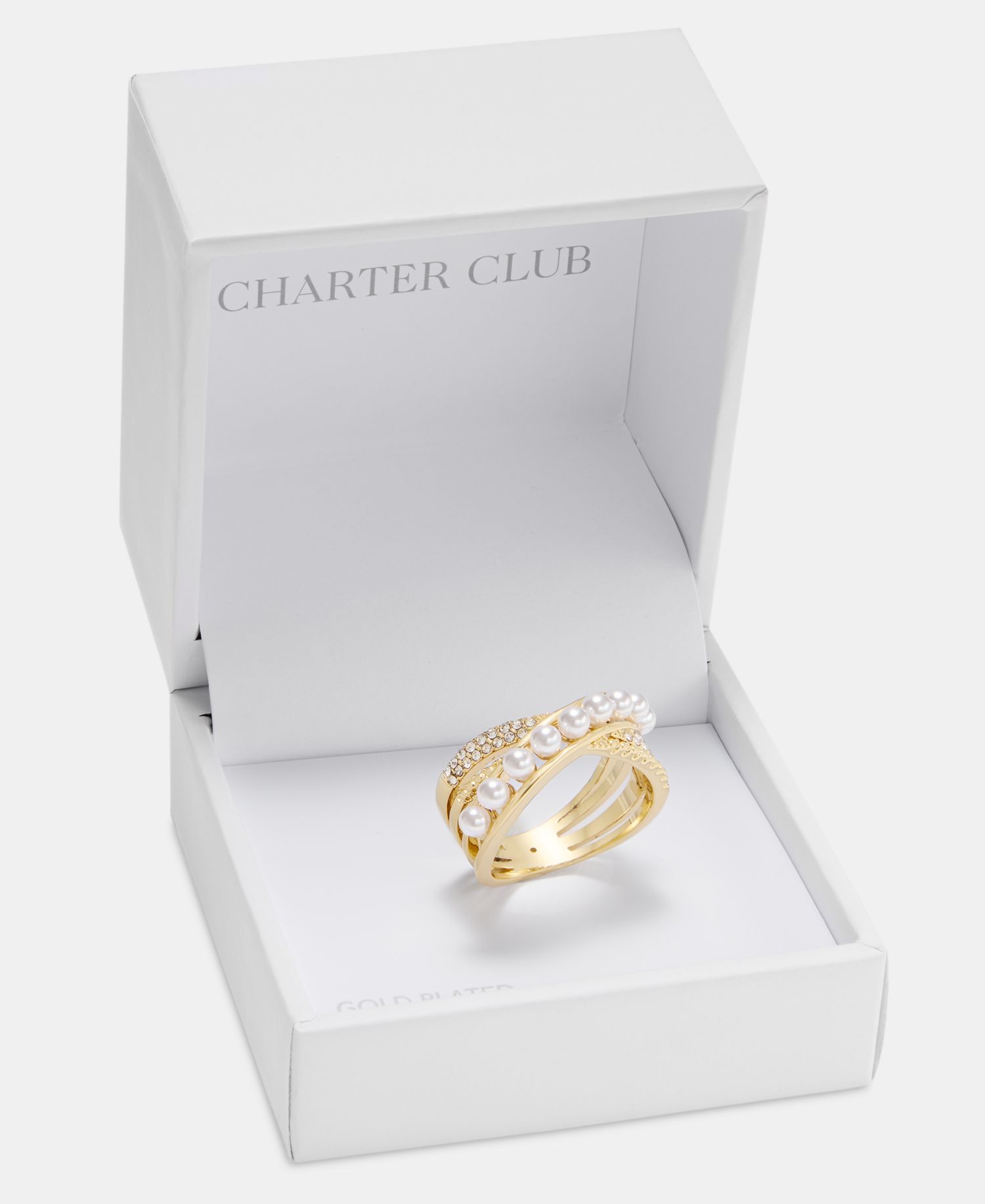 Imitation Pearl and Crystal Pave Gold Plated Ring