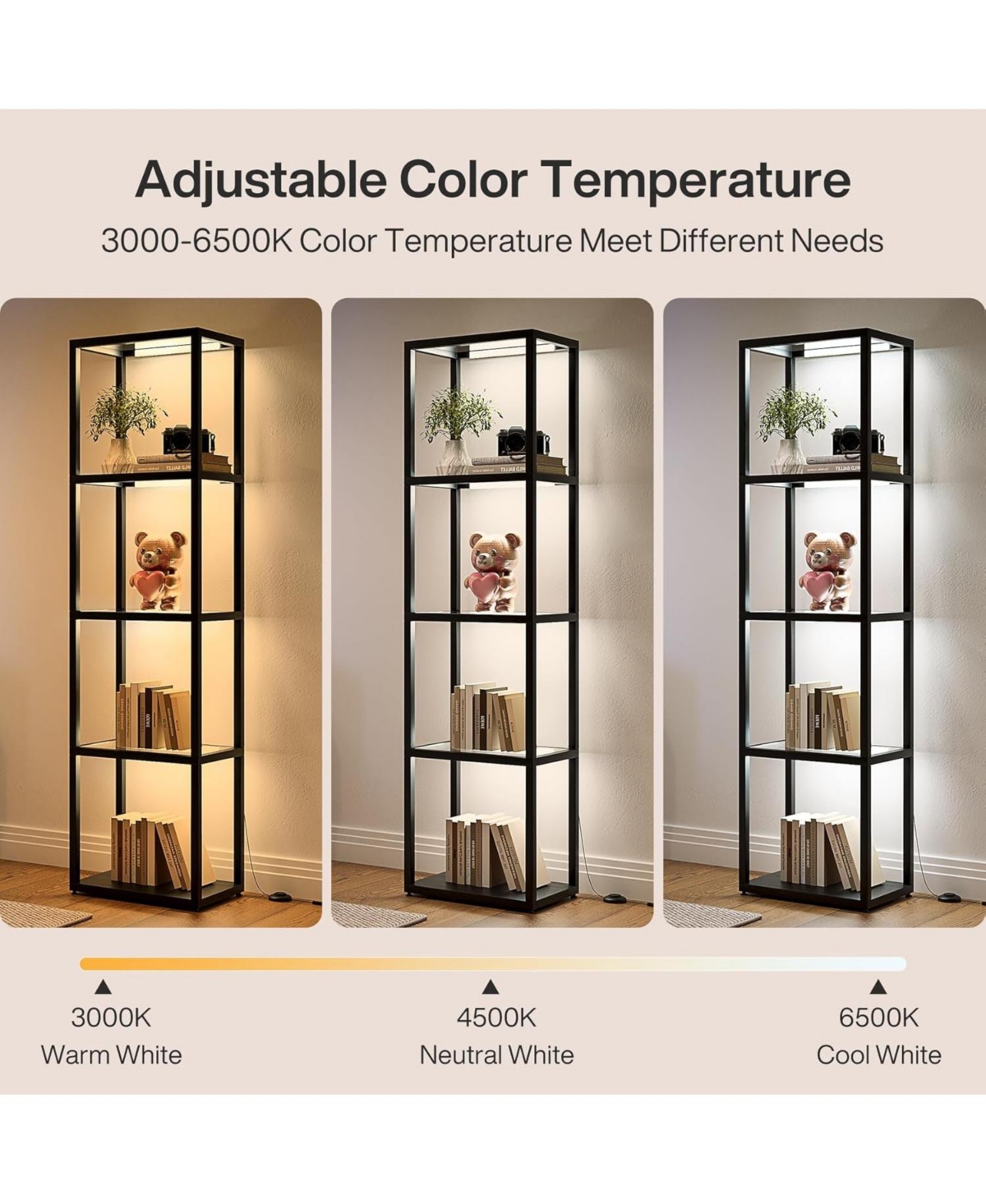 Tribesigns Display Shelf Floor Lamp with Shelves, Glass Display Cabinet with Remote and 3 Cct Dimmable Led,5-Tier Wooden Conner Bookshelf Lamp