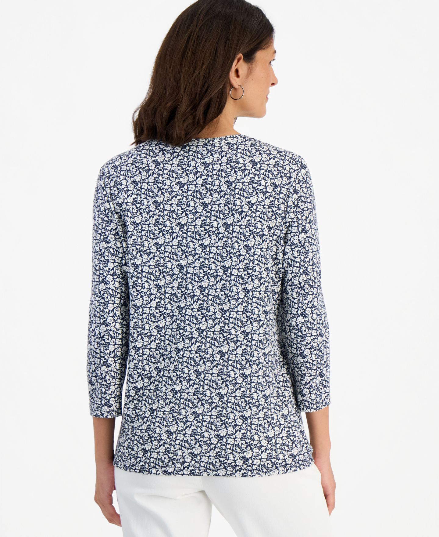 Женский топ Style & Co Printed 3/4 Sleeve Henley Top, цвет: Синий — фото 3