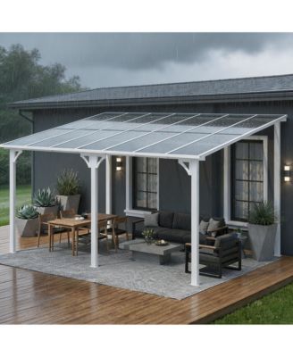 10 x 14 FT Iron Frame Lean-to Canopy with PC Roof, High-Low Patio Awning for Window Door Backyard